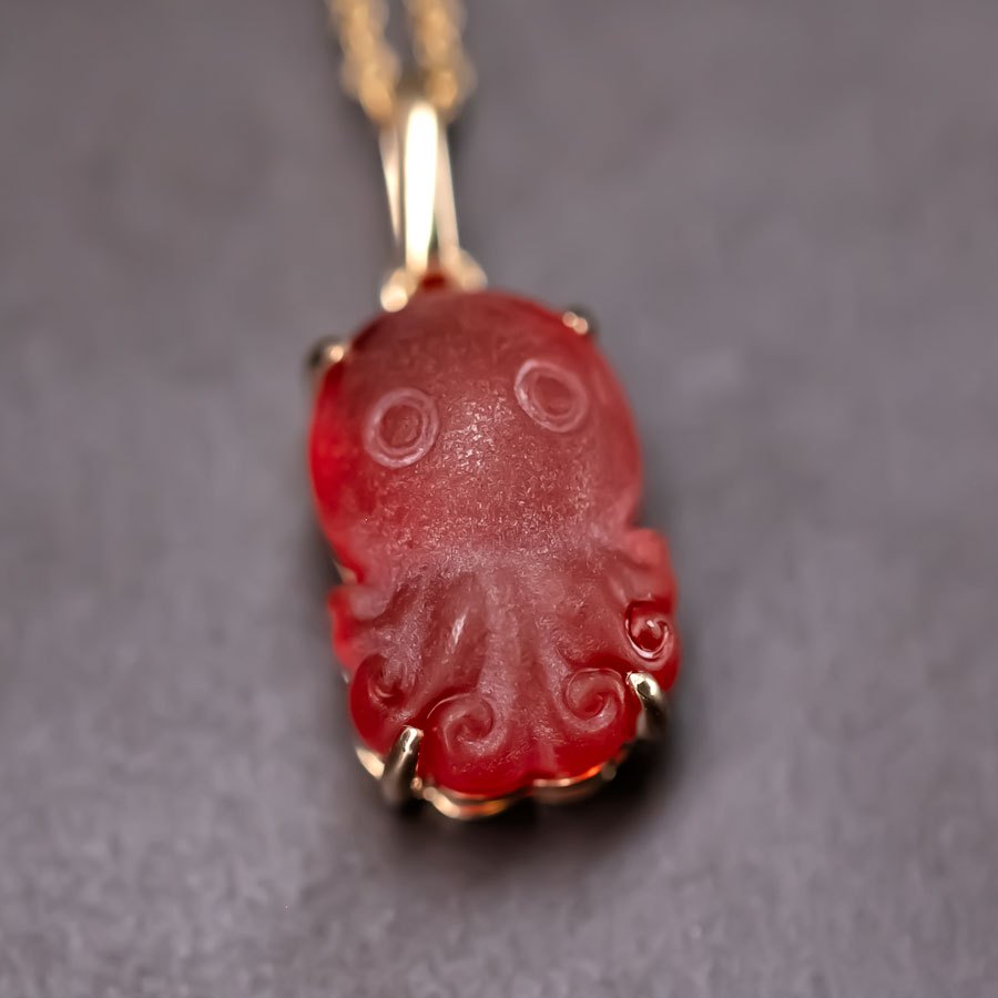 Handcarved Fire Opal Octopus Necklace in 18K Yellow Gold । The Wind