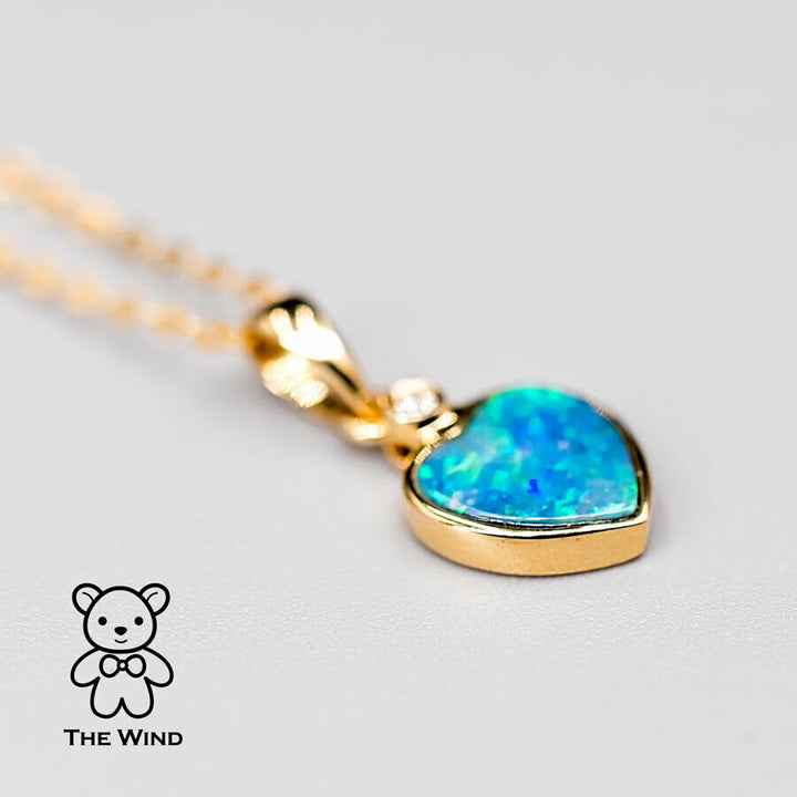 Heart Shaped Australian Doublet Opal Diamond Pendant Necklace-2