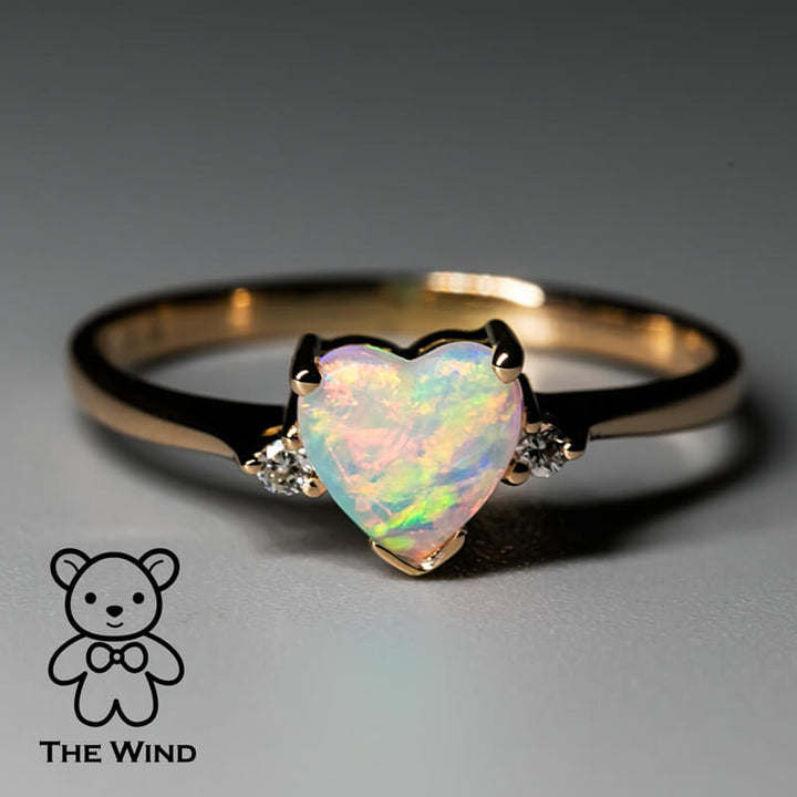 Heart Shaped Solid Opal & Diamond Engagement Ring-4