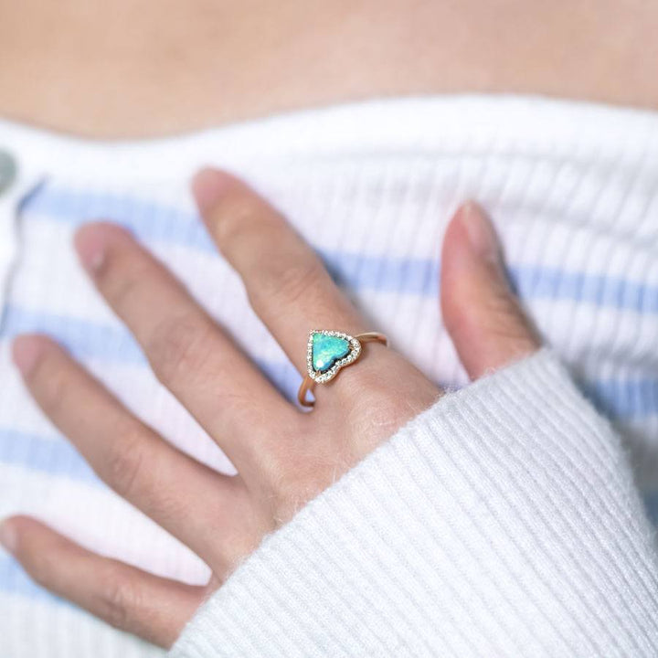 Heart Shaped Black Opal Halo Diamond Ring