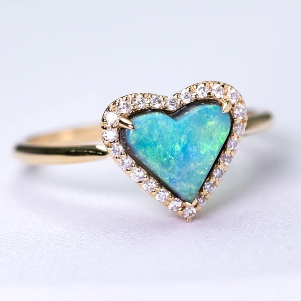 Heart Shaped Black Opal Halo Diamond Ring