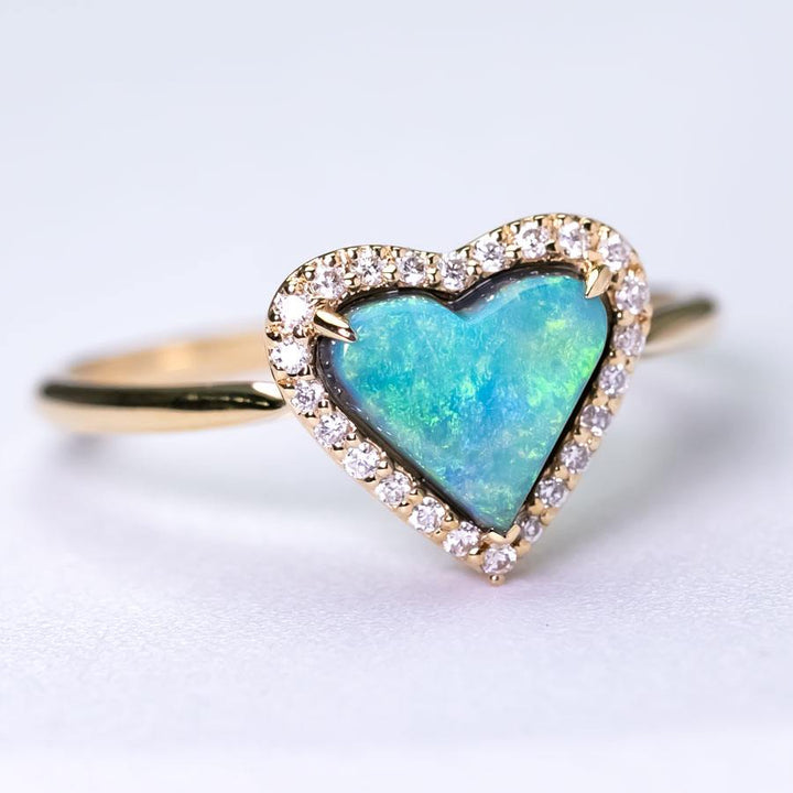 Heart Shaped Black Opal Halo Diamond Ring