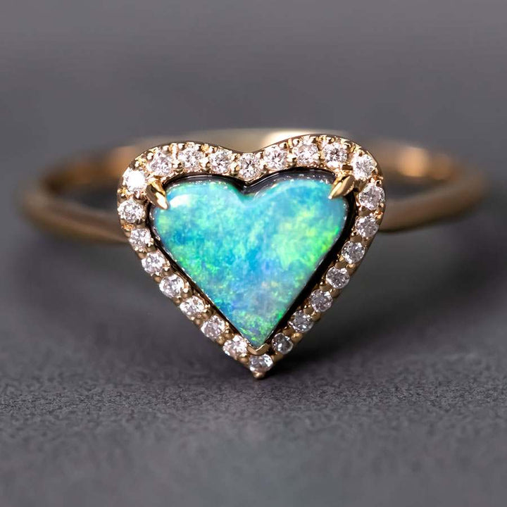 Heart Shaped Black Opal Halo Diamond Ring