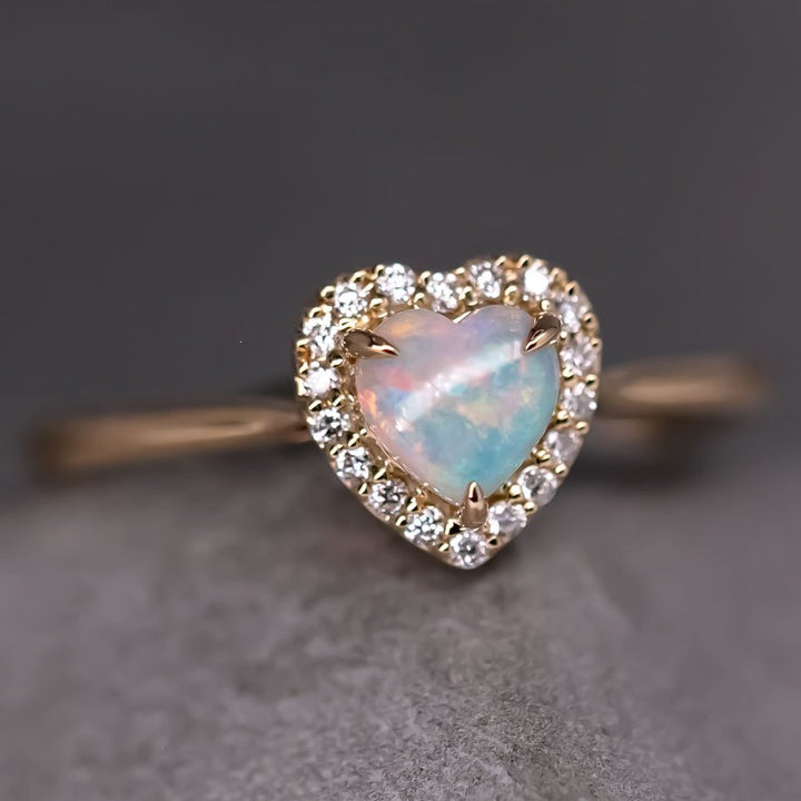 Heart Shaped Opal Halo Diamond Engagement Ring