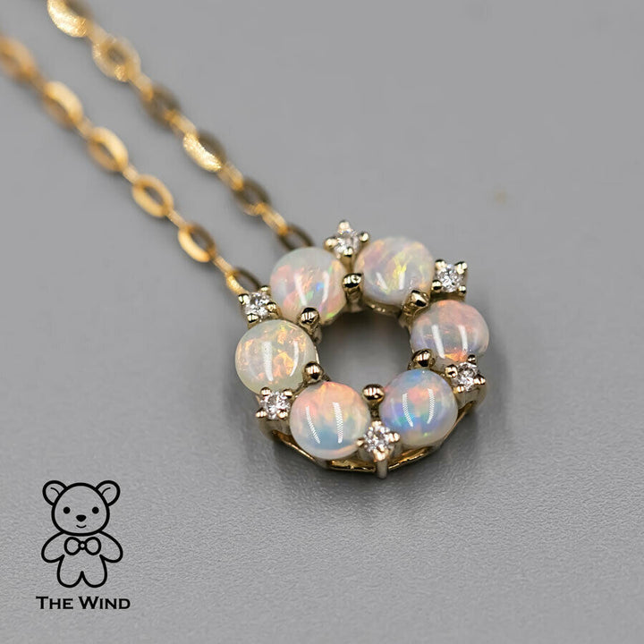 Hexagon Flower Australian Solid Opal Diamond Pendant Necklace-2