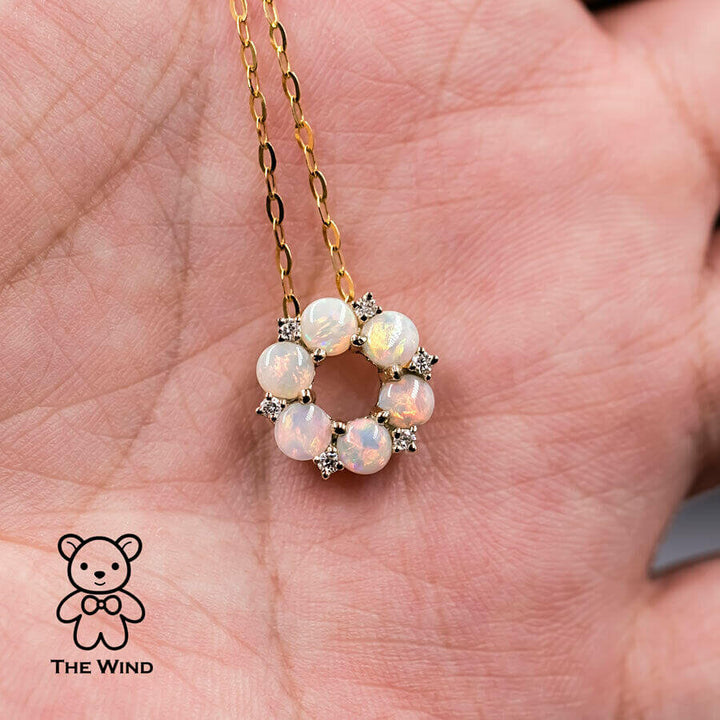 Hexagon Flower Australian Solid Opal Diamond Pendant Necklace-5