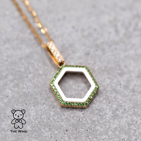 Hexagon Tsavorite & Mother of Pearl, Diamond Minimalist Pendant-1
