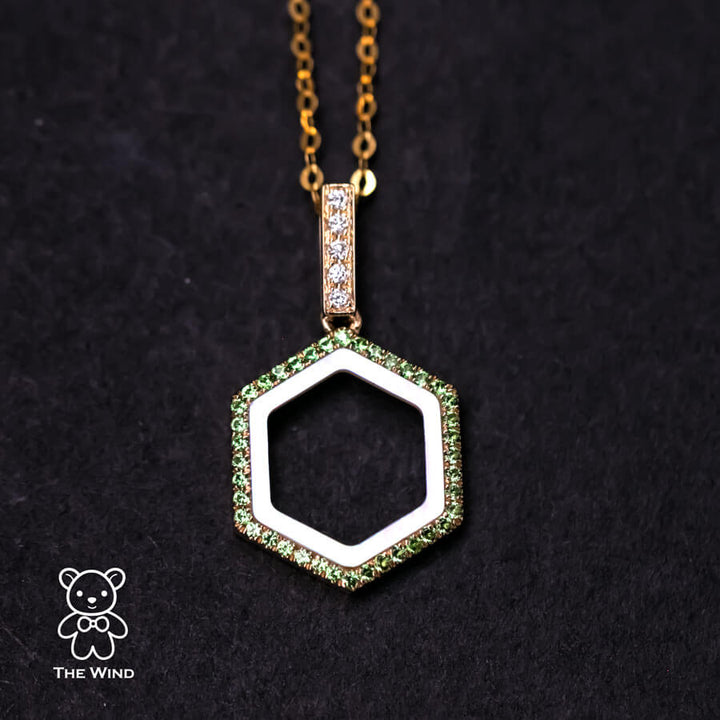Hexagon Tsavorite & Mother of Pearl, Diamond Minimalist Pendant-2