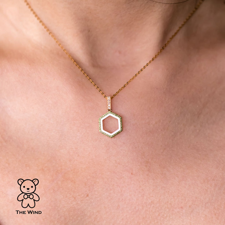 Hexagon Tsavorite & Mother of Pearl, Diamond Minimalist Pendant-3