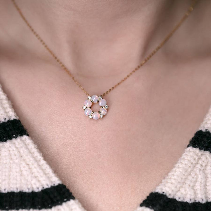 Hexagon Flower Australian Solid Opal Diamond Pendant Necklace