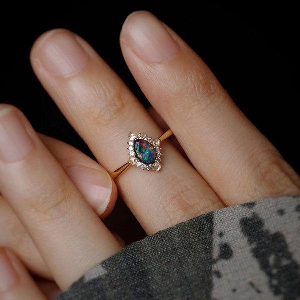 Opal Engagement Halo Diamond Ring