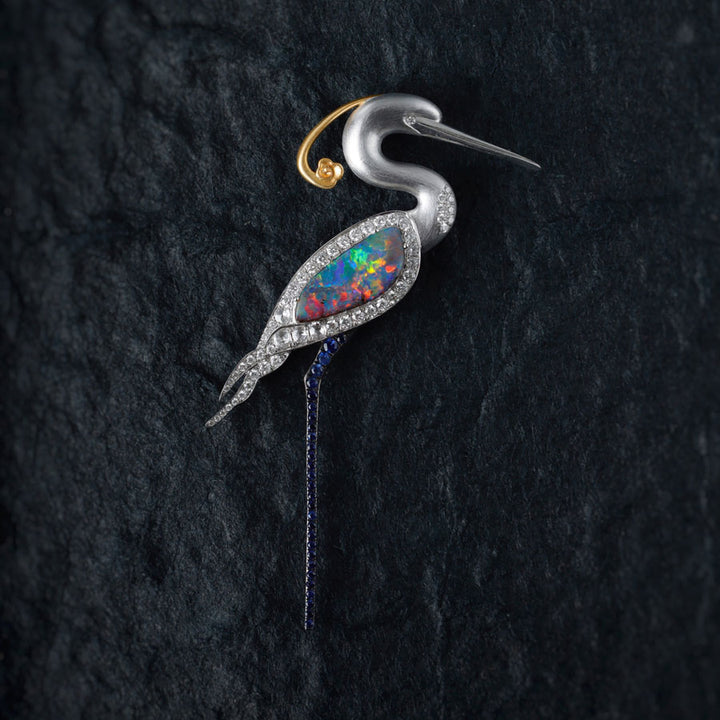 Egret Boulder Opal Diamond Pendant Brooch