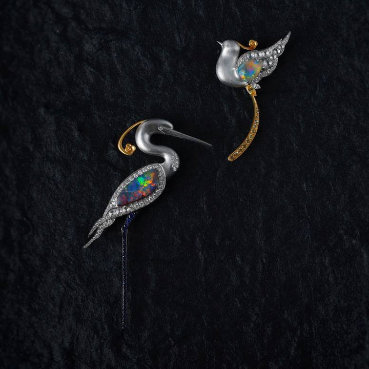 Baby Phoenix - Black Opal, Diamond, Sapphire Pendant Brooch