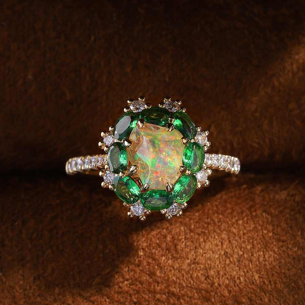Incredible Color Opal Tsavorite Diamond Engagement Ring