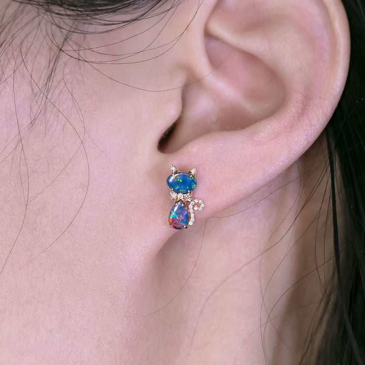 Kitten Cat Doublet Opal Diamond Stud Earrings