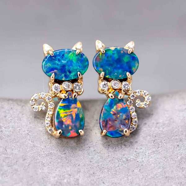 Kitten Cat Doublet Opal Diamond Stud Earrings