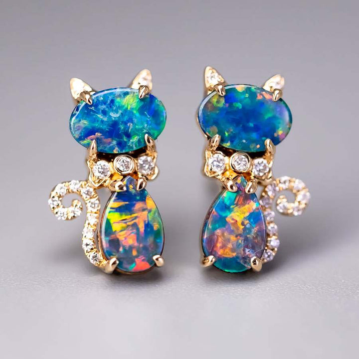 Kitten Cat Doublet Opal Diamond Stud Earrings