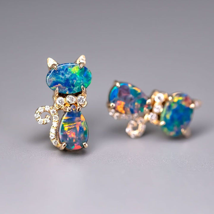 Kitten Cat Doublet Opal Diamond Stud Earrings