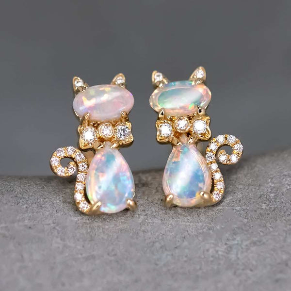 Kitten Cat Opal Diamond Stud Earrings