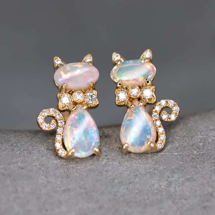 Kitten Cat Opal Diamond Stud Earrings