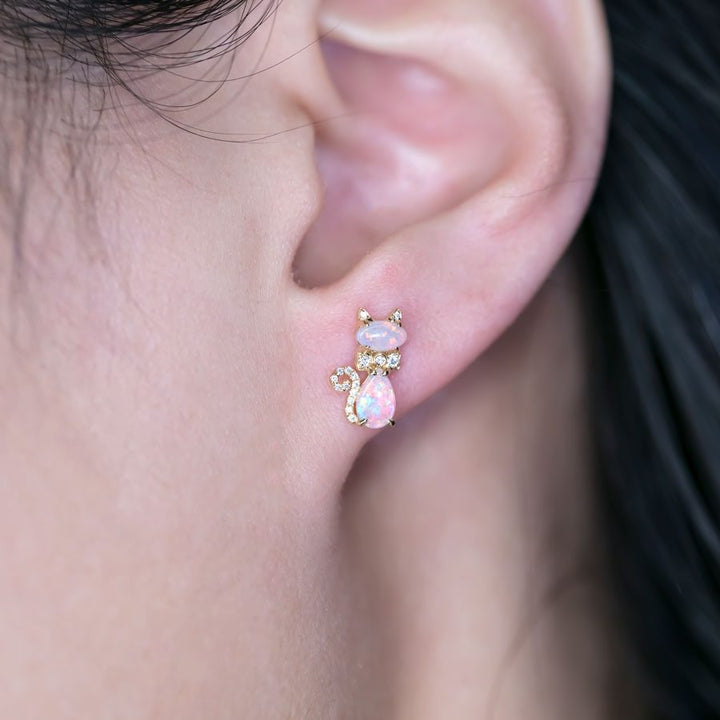 Kitten Cat Opal Diamond Stud Earrings