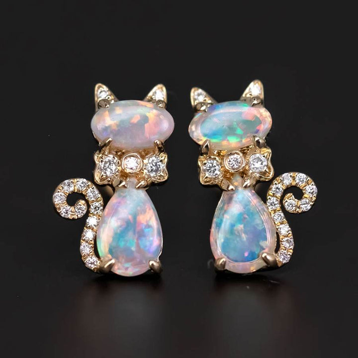 Kitten Cat Opal Diamond Stud Earrings