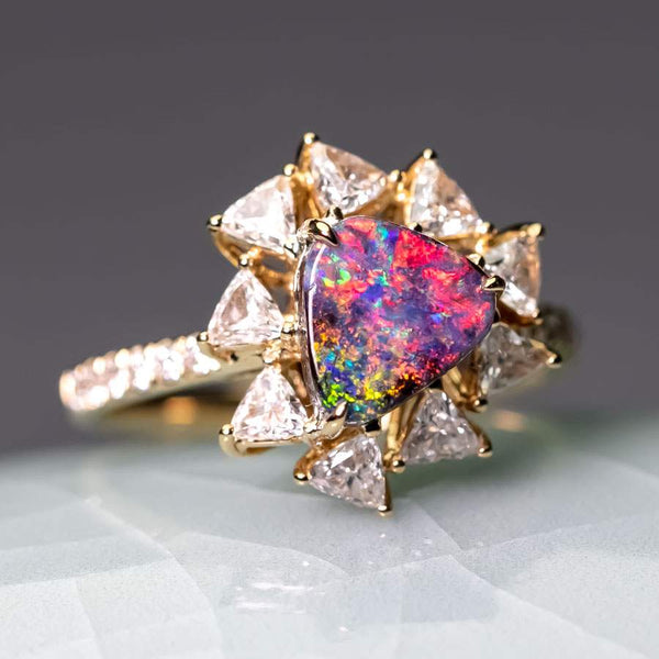 La Estrella - Halo Trillion Diamond Boulder Opal Engagement Ring