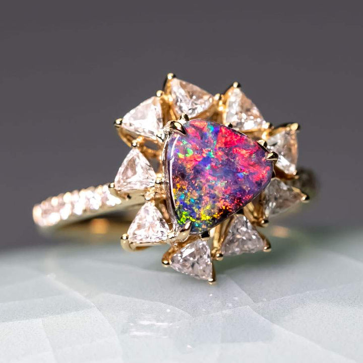 La Estrella - Halo Trillion Diamond Boulder Opal Engagement Ring