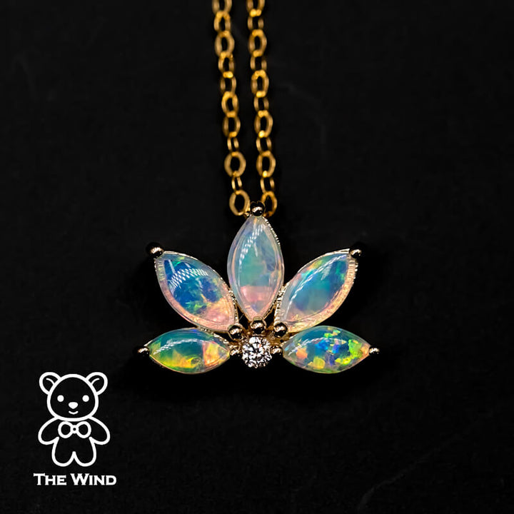 Lotus Water Lily Design Australian Solid Opal Diamond Necklace-1