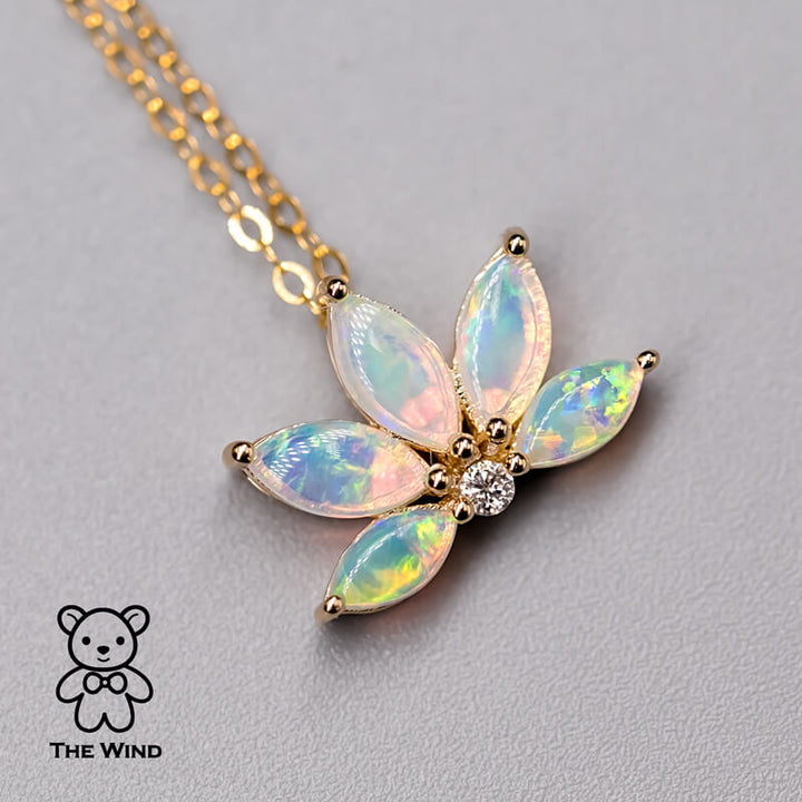 Lotus Water Lily Design Australian Solid Opal Diamond Necklace-3