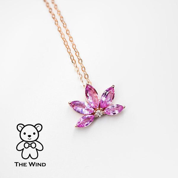 Lotus Water Lily Design Pink Sapphire Diamond Pendant Necklace-1
