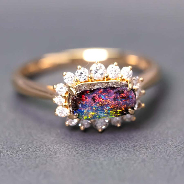 Magnificent Boulder Opal Halo Diamond Engagement Ring
