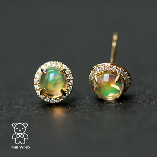 Mexican Fire Opal Halo Diamond Stud Earrings 18K Yellow Gold-1