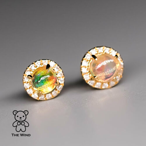 Mexican Fire Opal Halo Diamond Stud Earrings 18K Yellow Gold-4