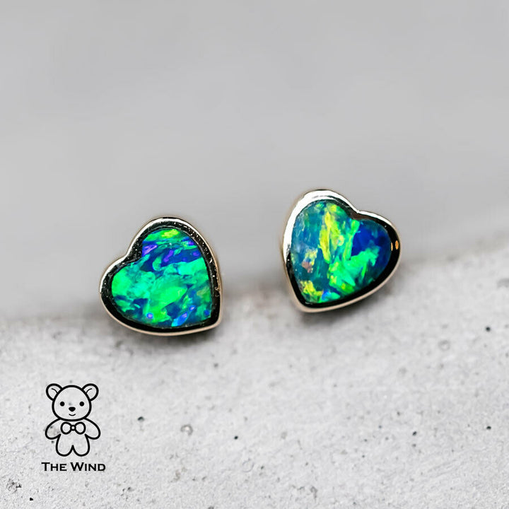 Minimalist Heart Shaped Australian Doublet Opal Stud Earrings-3