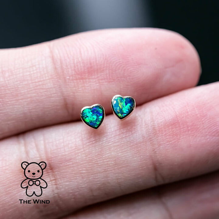 Minimalist Heart Shaped Australian Doublet Opal Stud Earrings-6