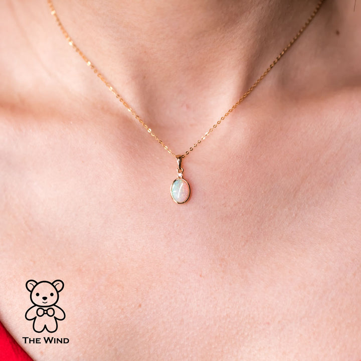 Minimalist Oval Australian Solid Opal & Diamond Pendant Necklace-3