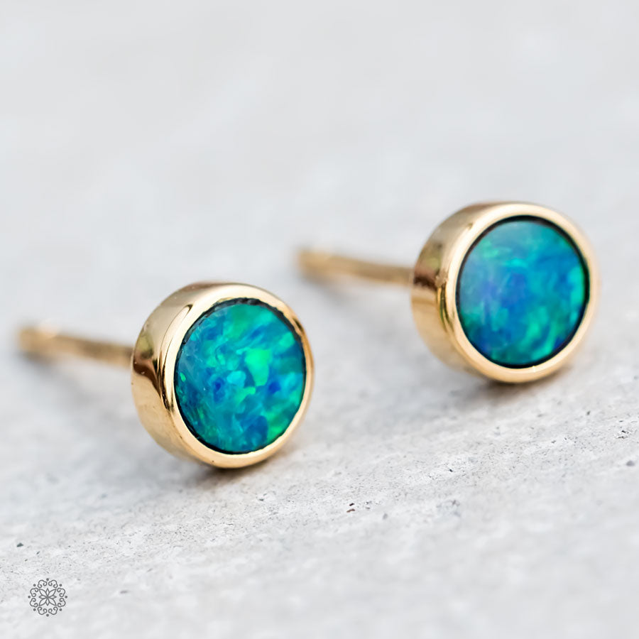 14K Yellow Gold Round Doublet Opal Stud Earrings – Australian Opal With Diamond Accents, Handmade - View #2