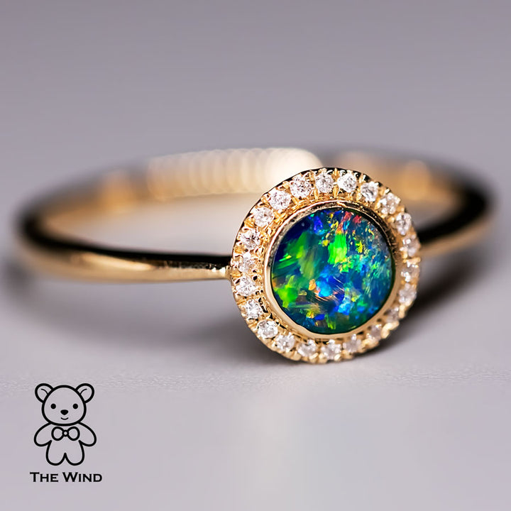 Minimalist Round Shaped Australian Doublet Opal & Diamond Ring-2