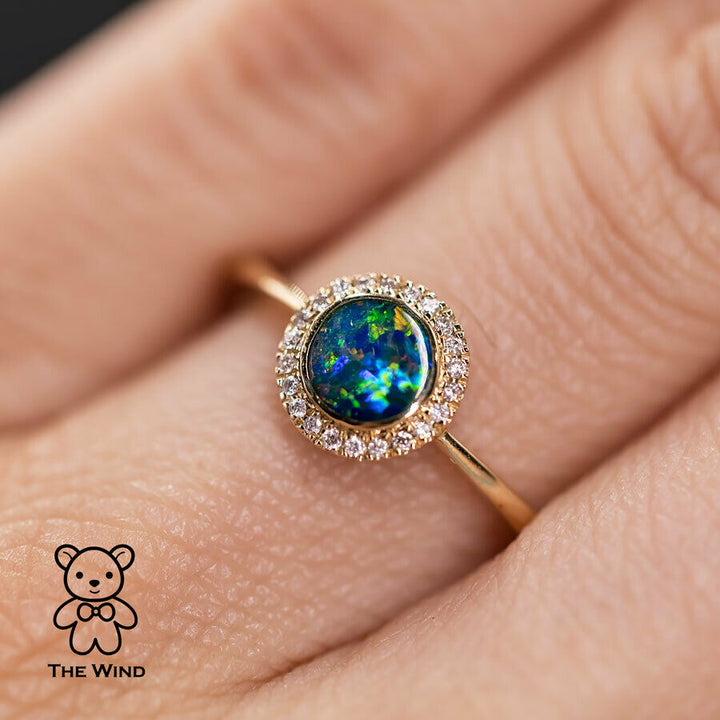 Minimalist Round Shaped Australian Doublet Opal & Diamond Ring-3