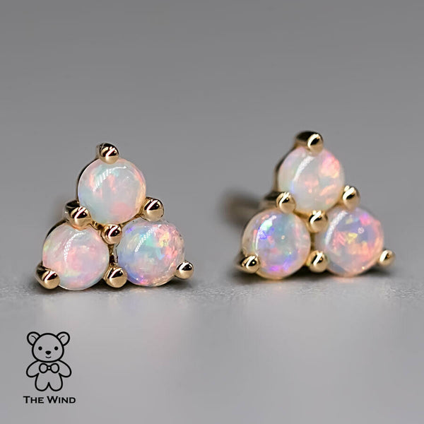 Minimalist Three Stone Australian Solid Opal Stud Earrings-1