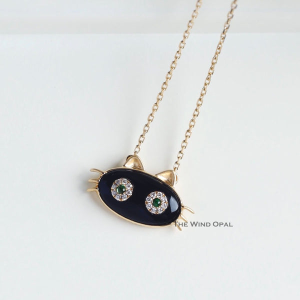 Mystic Black Cat Necklace with Tsavorite Diamond Eyes