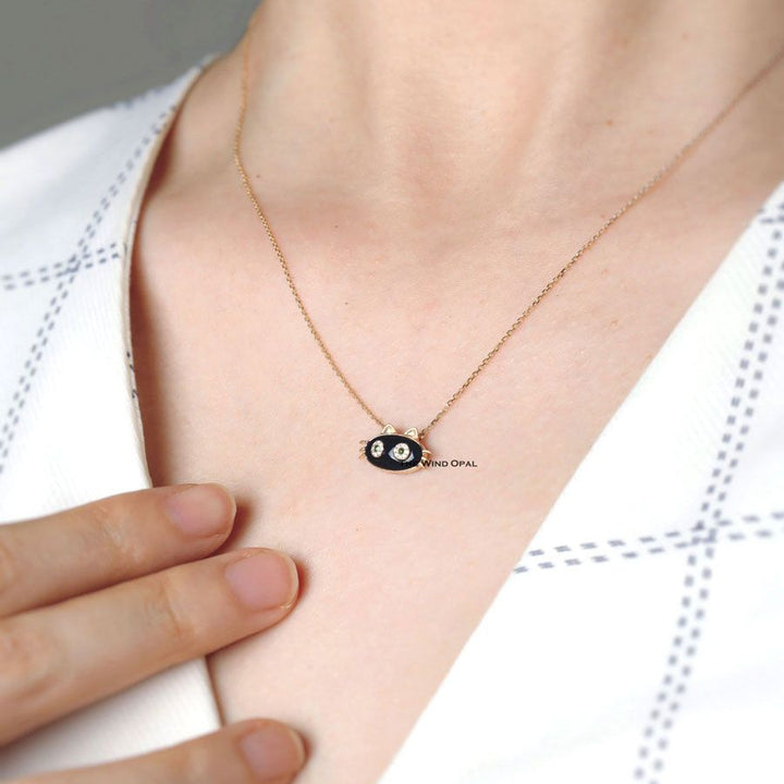 Mystic Black Cat Necklace with Tsavorite Diamond Eyes
