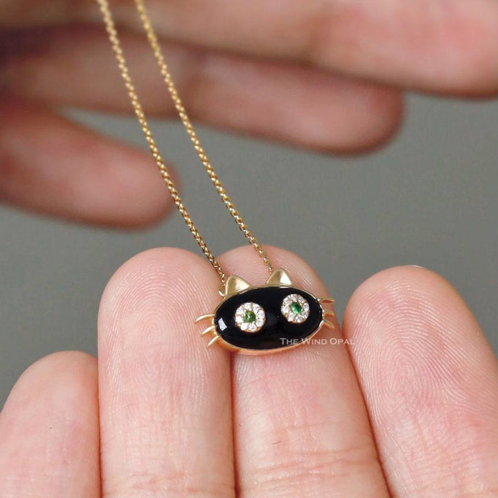 Mystic Black Cat Necklace with Tsavorite Diamond Eyes