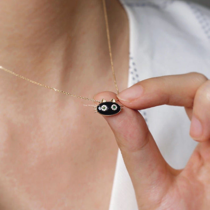 Mystic Black Cat Necklace with Tsavorite Diamond Eyes