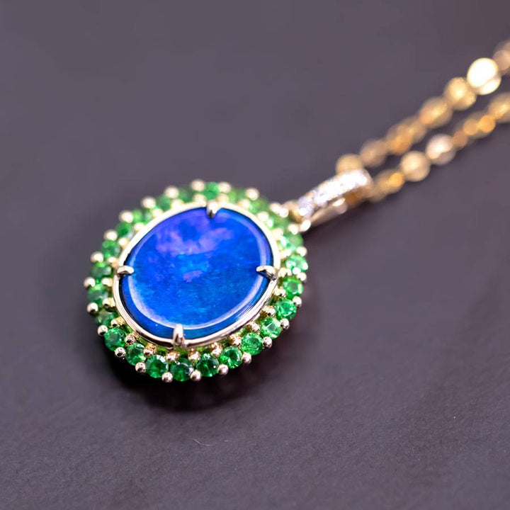 N1 Black Opal Halo Tsavorite Diamond Necklace