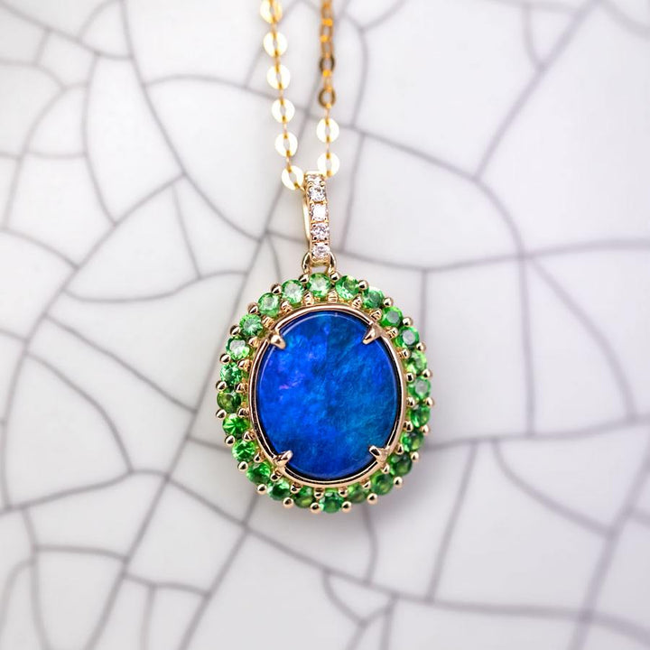 N1 Black Opal Halo Tsavorite Diamond Necklace