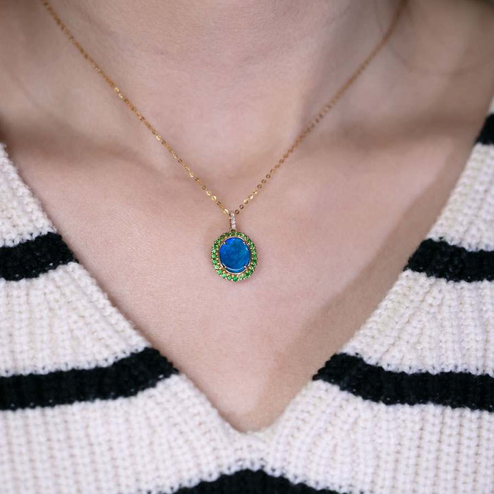 N1 Black Opal Halo Tsavorite Diamond Necklace