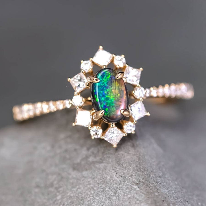 N1 Black Opal  Princess Diamond Halo Engagement Ring