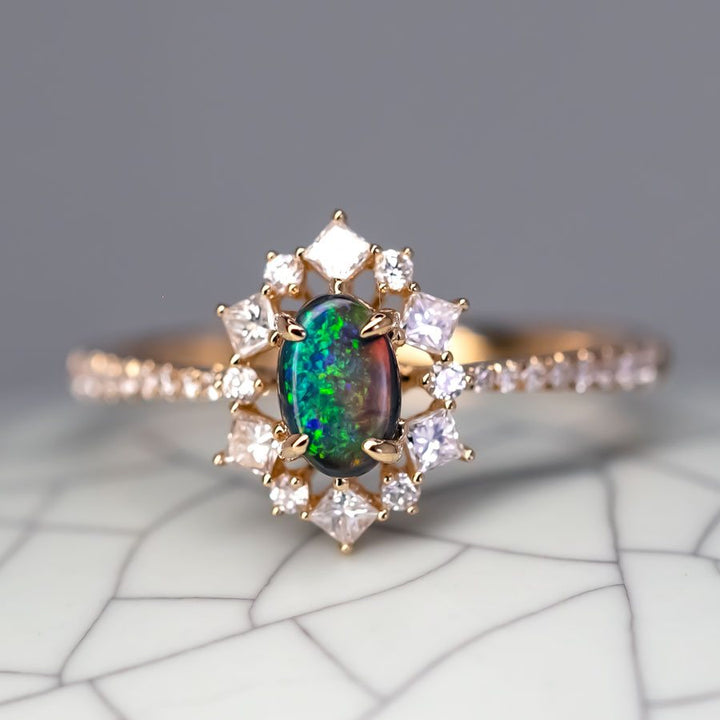 N1 Black Opal  Princess Diamond Halo Engagement Ring